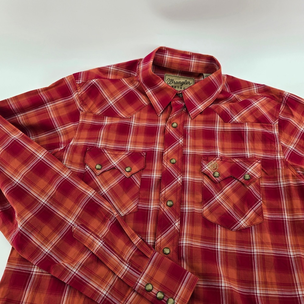 Wrangler Retro Western Shirt Mens Plaid Pearl Snap Long Sleeve Red Orange Size M